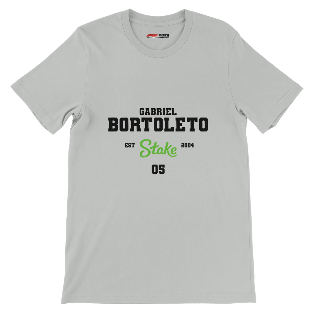 f111 merch silver color t-shirt with bortoleto branding.