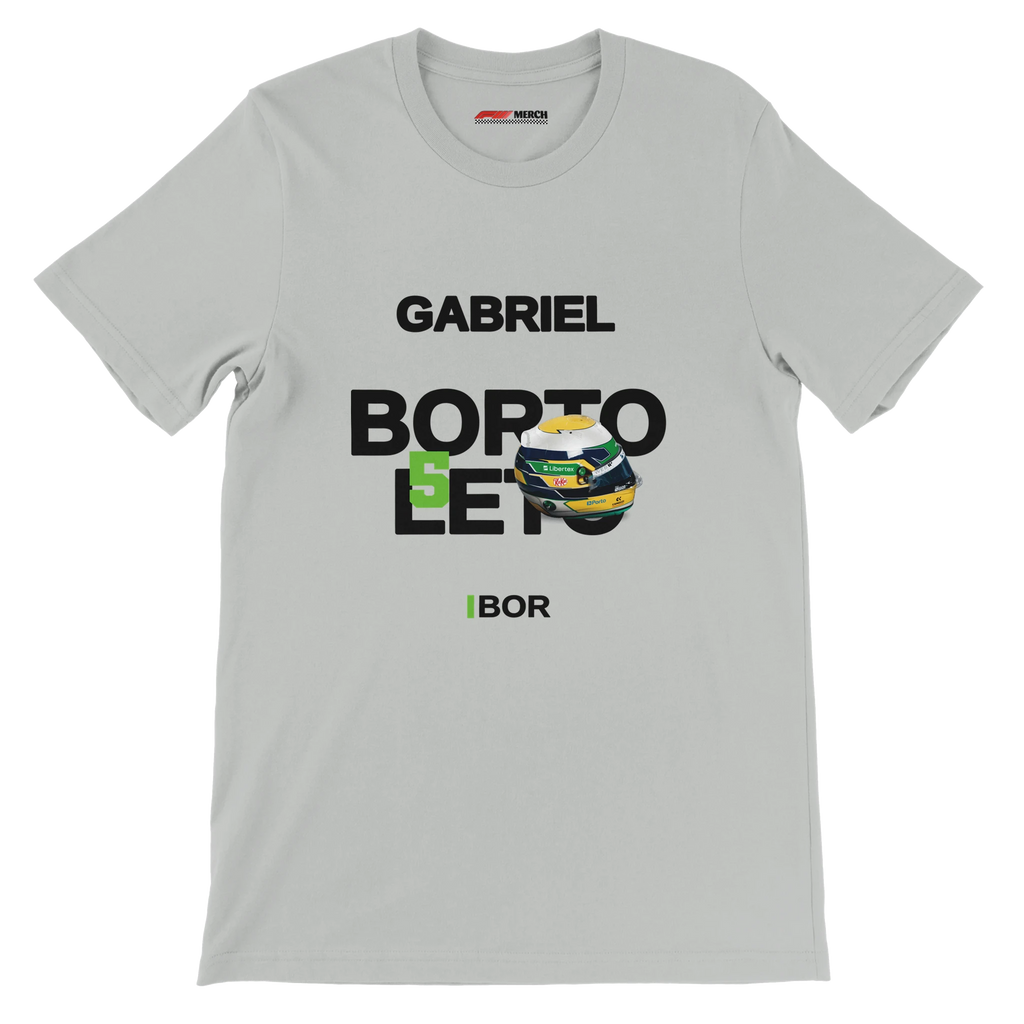 f111 merch silver color t-shirt with bortoleto branding.