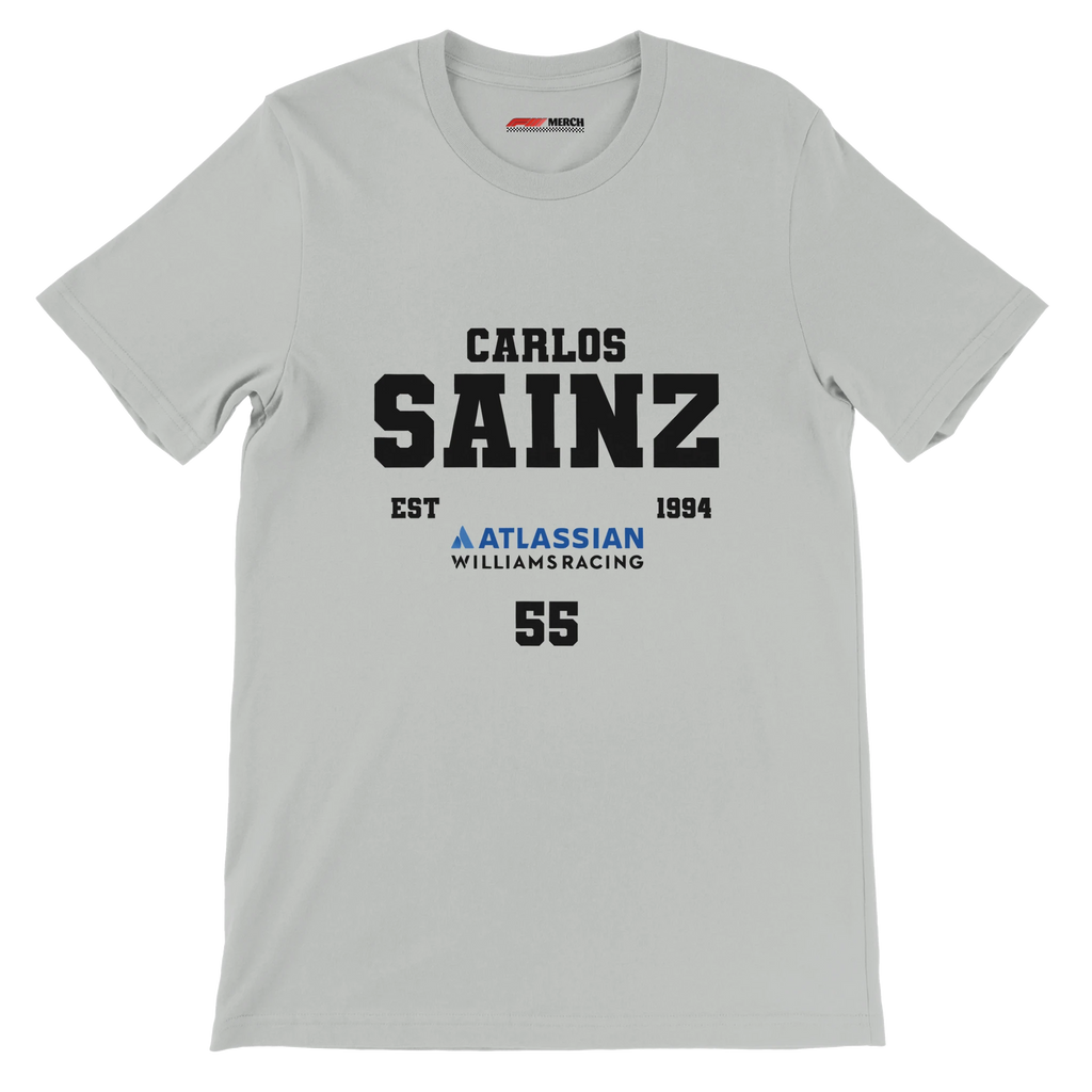 f111 merch silver color t-shirt with carlos-sainz branding.
