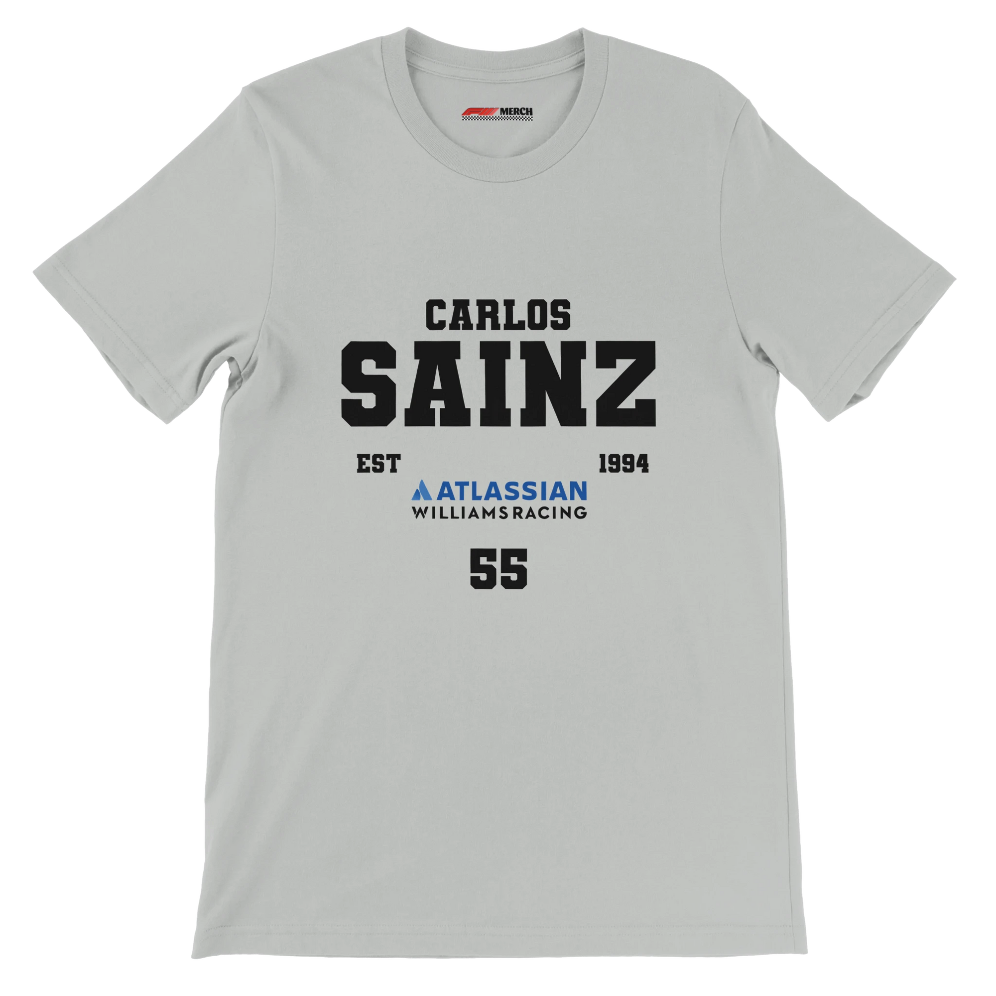 f111 merch silver color t-shirt with carlos-sainz branding.