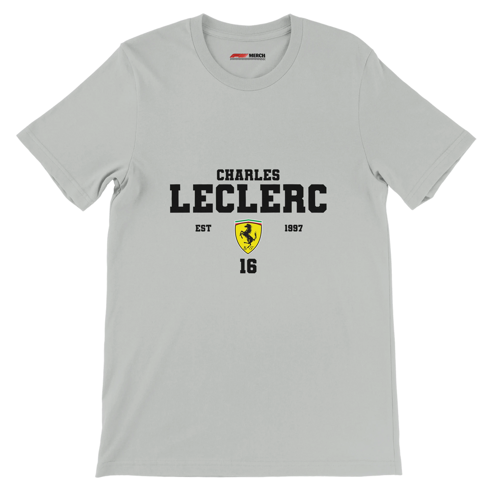 f111 merch silver color t-shirt with charles-leclerc branding.