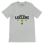 f111 merch silver color t-shirt with charles-leclerc branding.