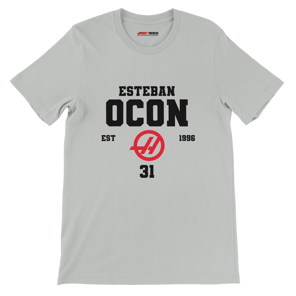 f111 merch silver color t-shirt with esteban-ocon branding.