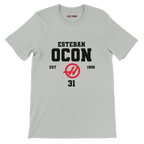 f111 merch silver color t-shirt with esteban-ocon branding.