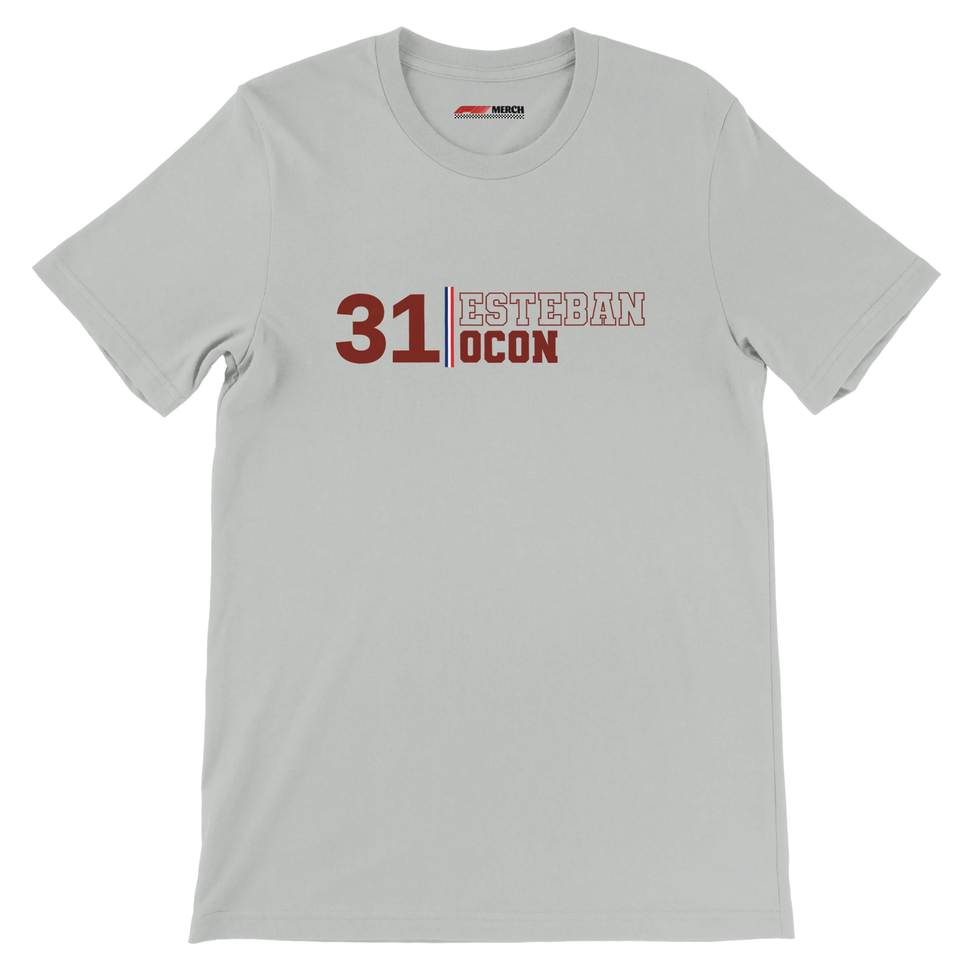 f111 merch silver color t-shirt with esteban-ocon branding.