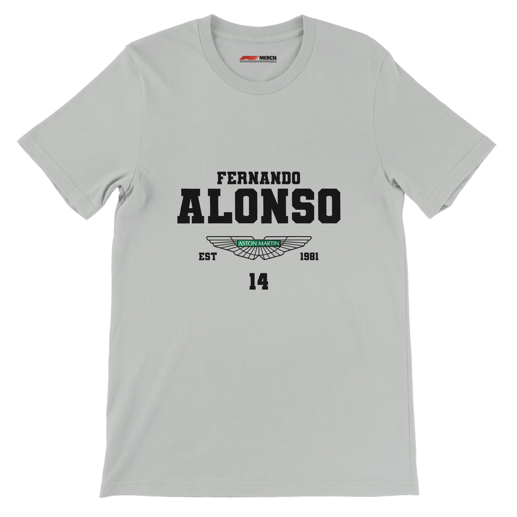 f111 merch silver color t-shirt with fernando-alonso branding.