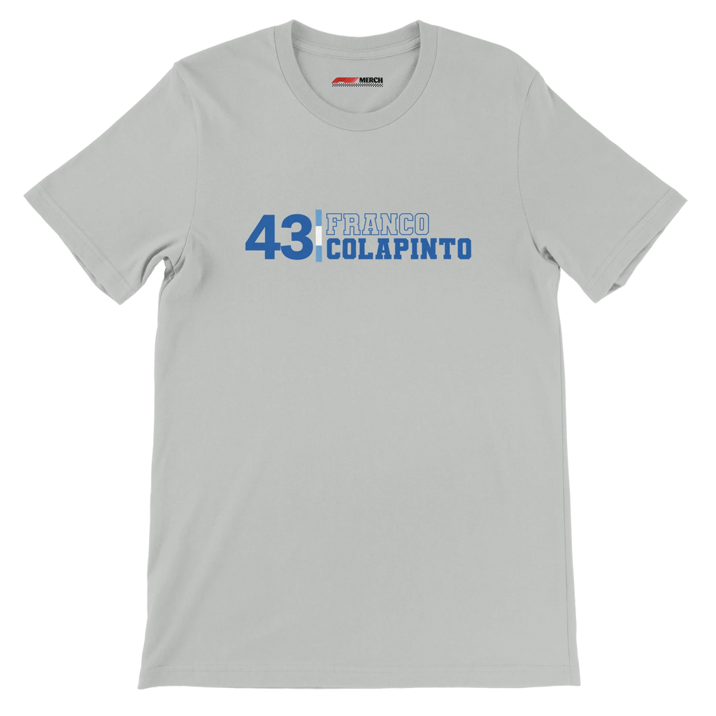 f111 merch silver color t-shirt with franco-colapinto branding.