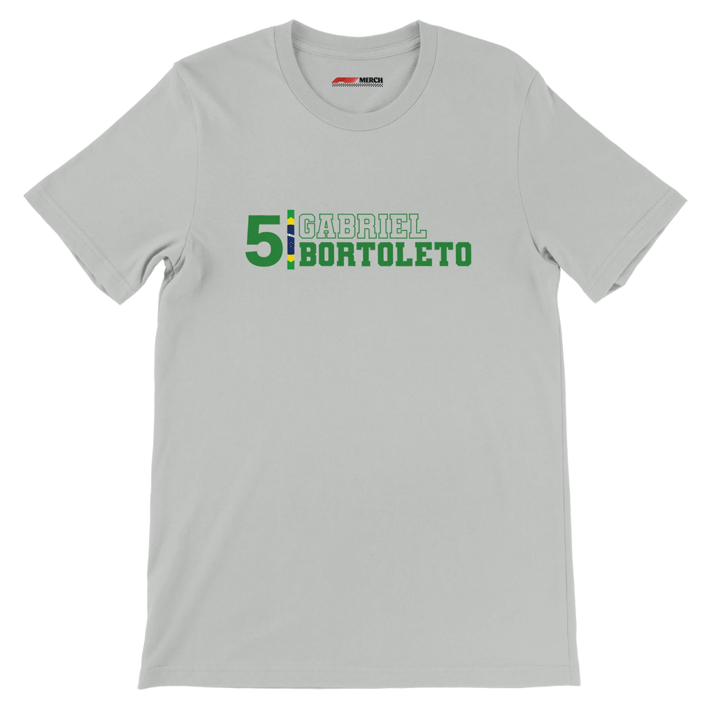 f111 merch silver color t-shirt with gabriel-bortoleto branding.