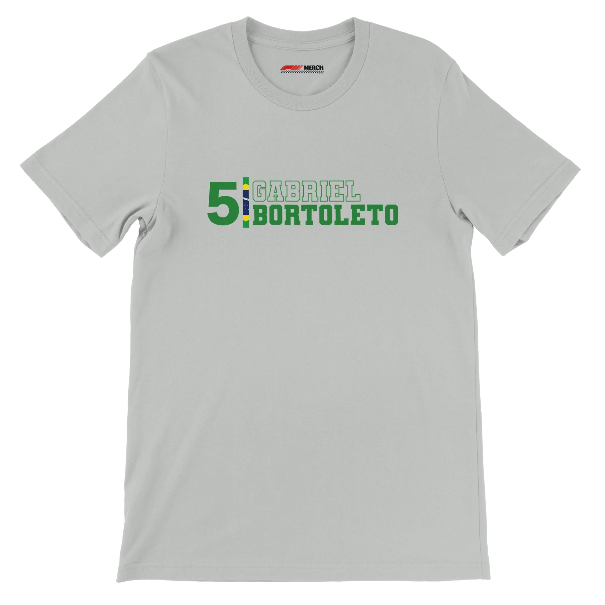 f111 merch silver color t-shirt with gabriel-bortoleto branding.