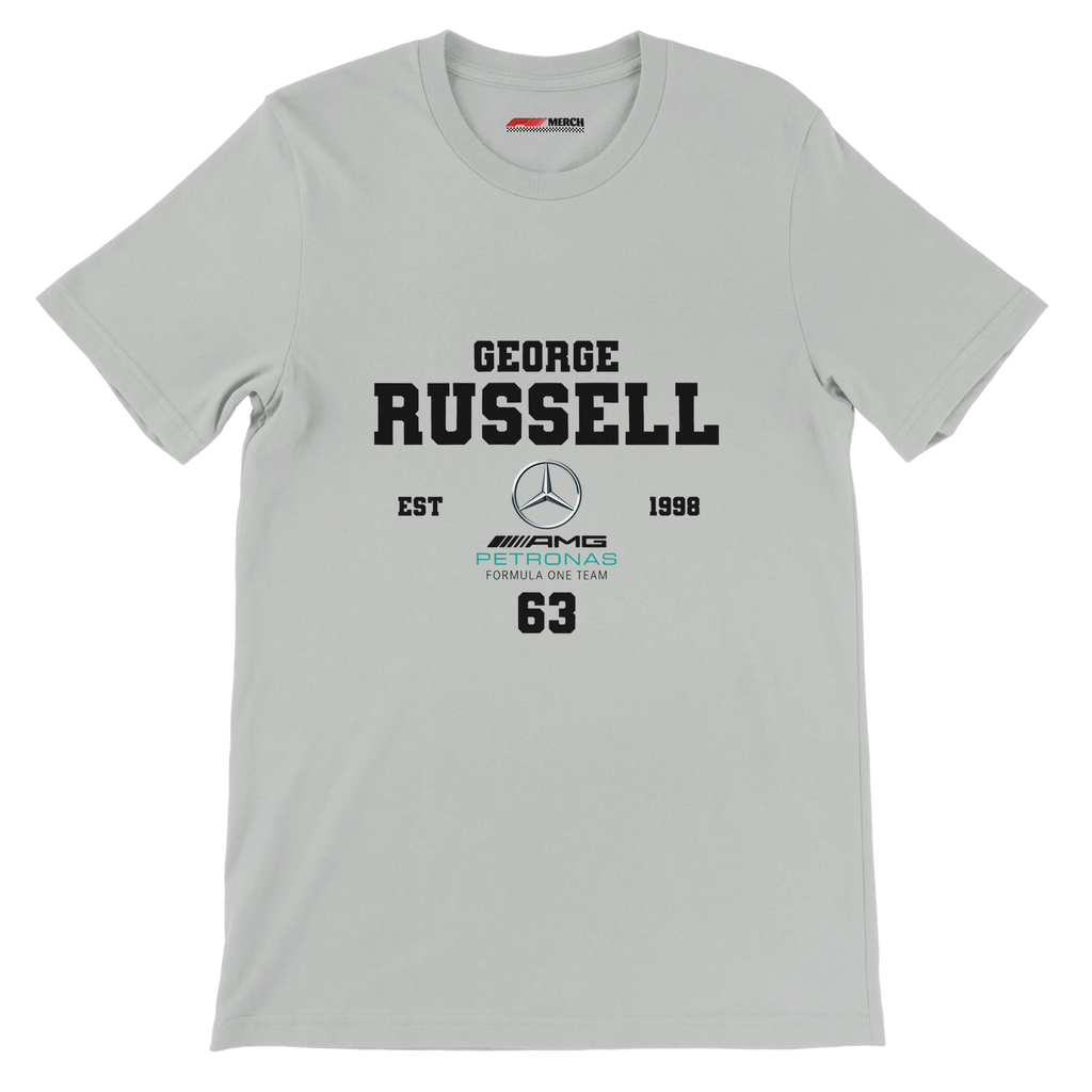 f111 merch silver color t-shirt with george-russell branding.