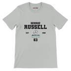 f111 merch silver color t-shirt with george-russell branding.