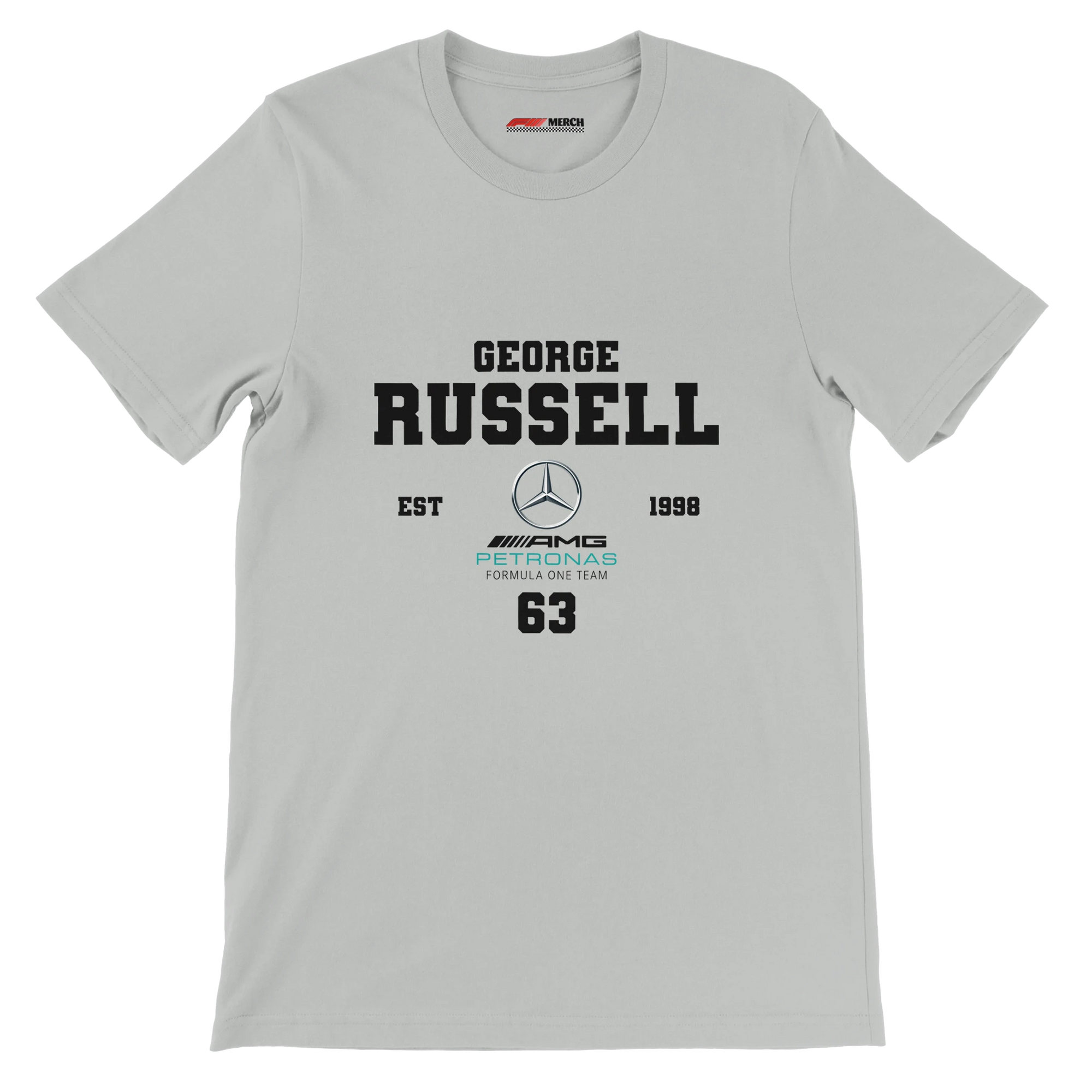 f111 merch silver color t-shirt with george-russell branding.