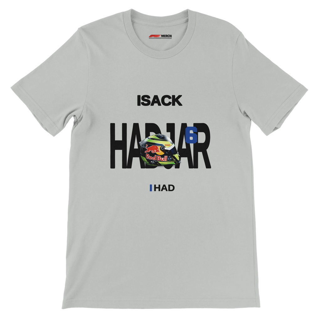 f111 merch silver color t-shirt with hadjar branding.