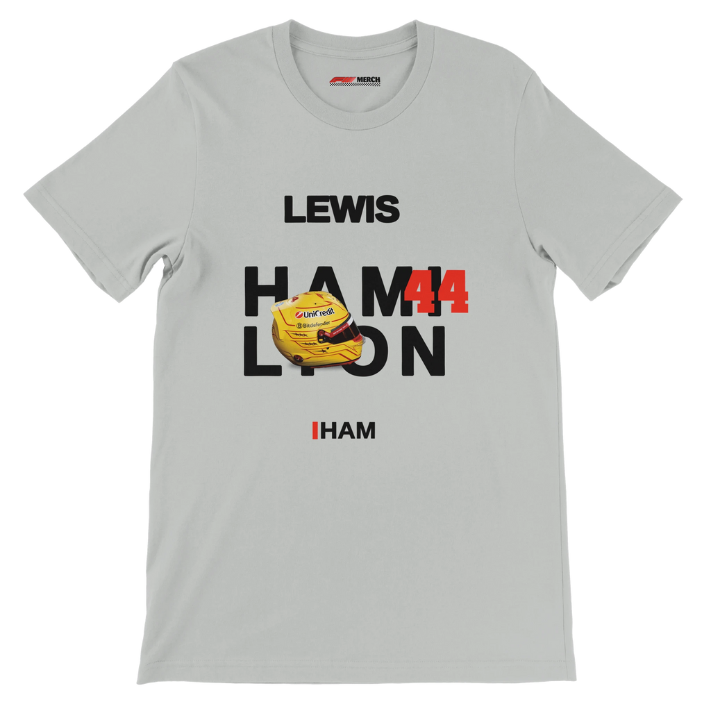 f111 merch silver color t-shirt with hamilton branding.