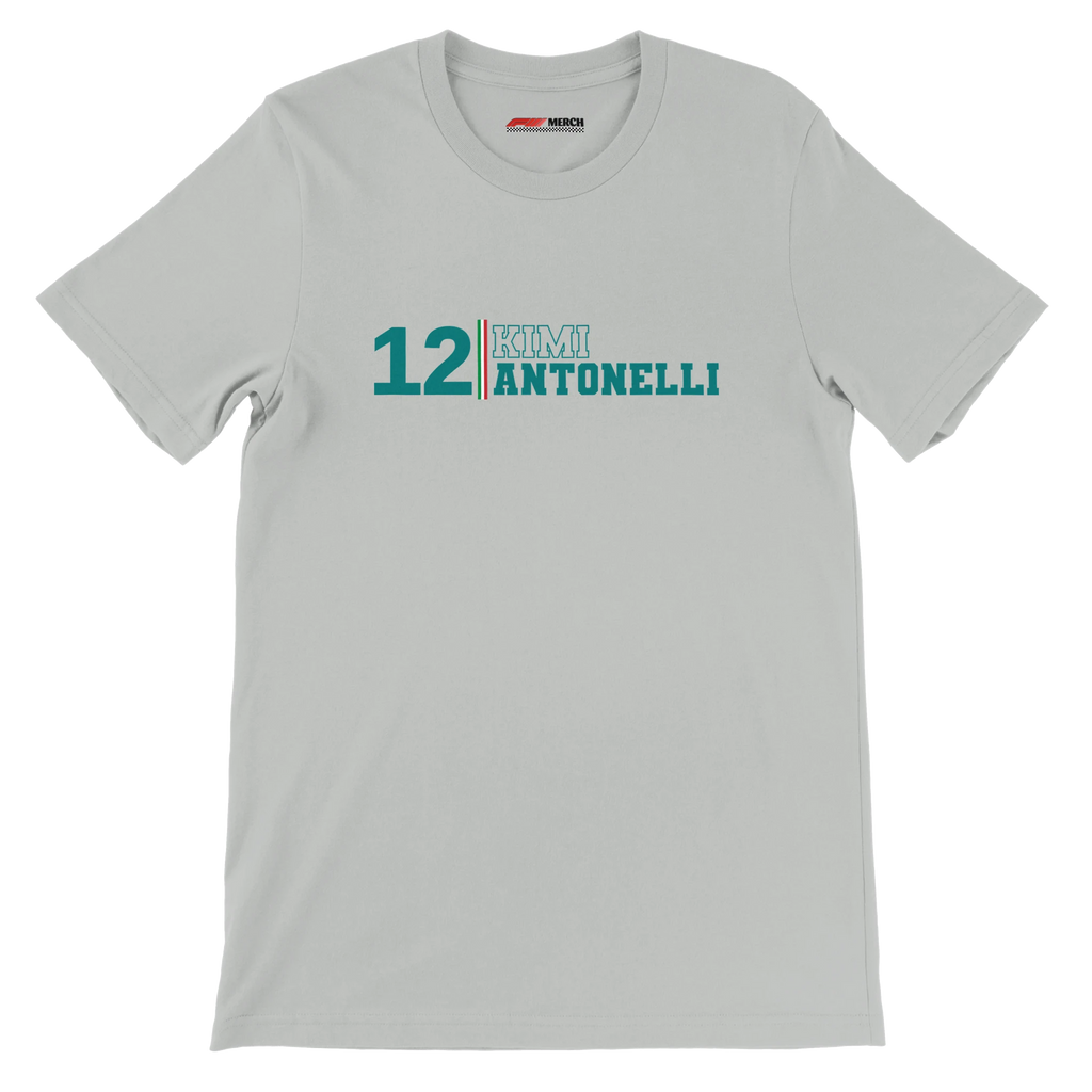 f111 merch silver color t-shirt with kimi-antonelli branding.