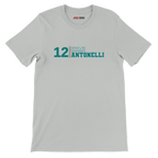 f111 merch silver color t-shirt with kimi-antonelli branding.