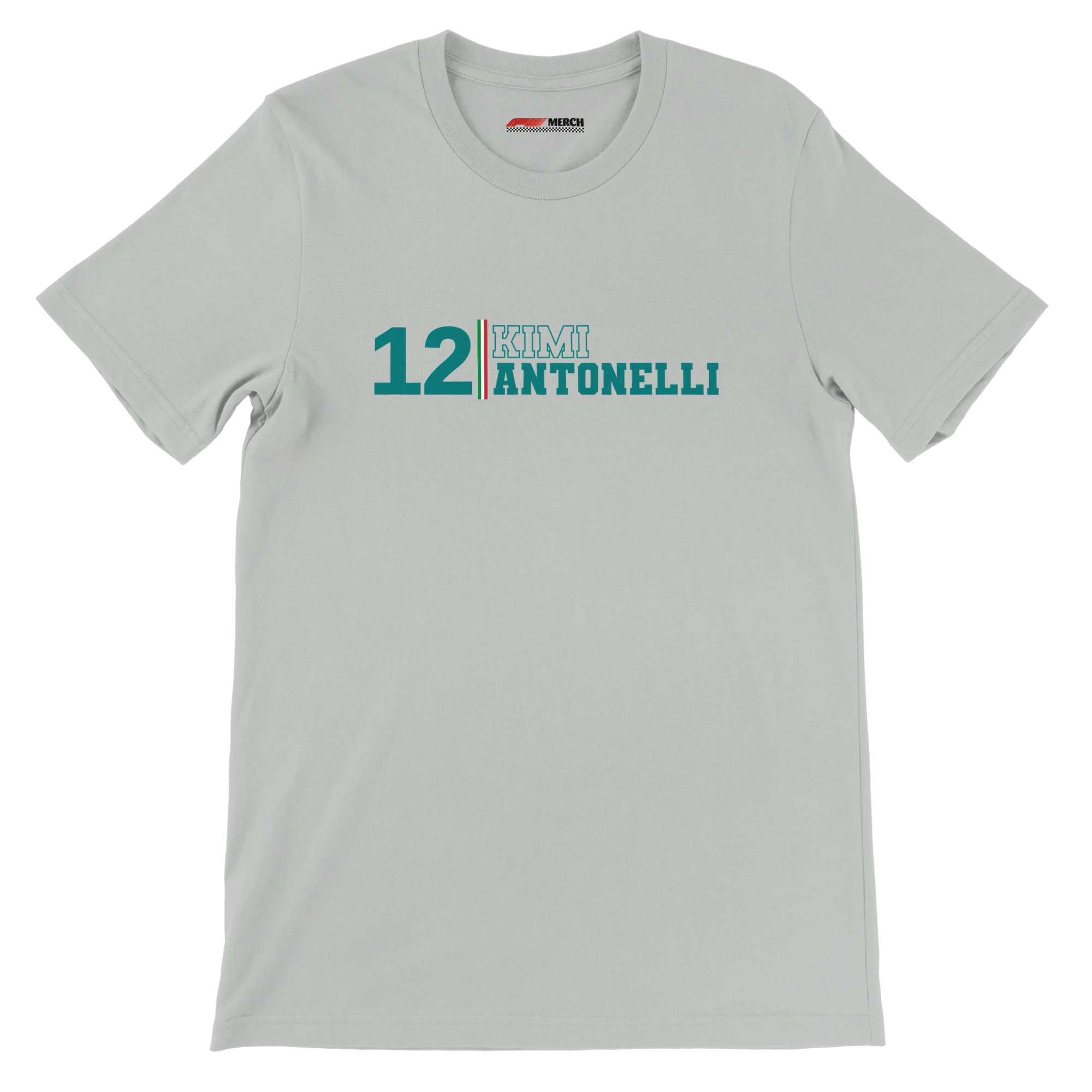 f111 merch silver color t-shirt with kimi-antonelli branding.