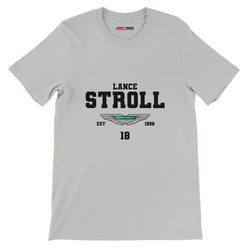 f111 merch silver color t-shirt with lance-stroll branding.