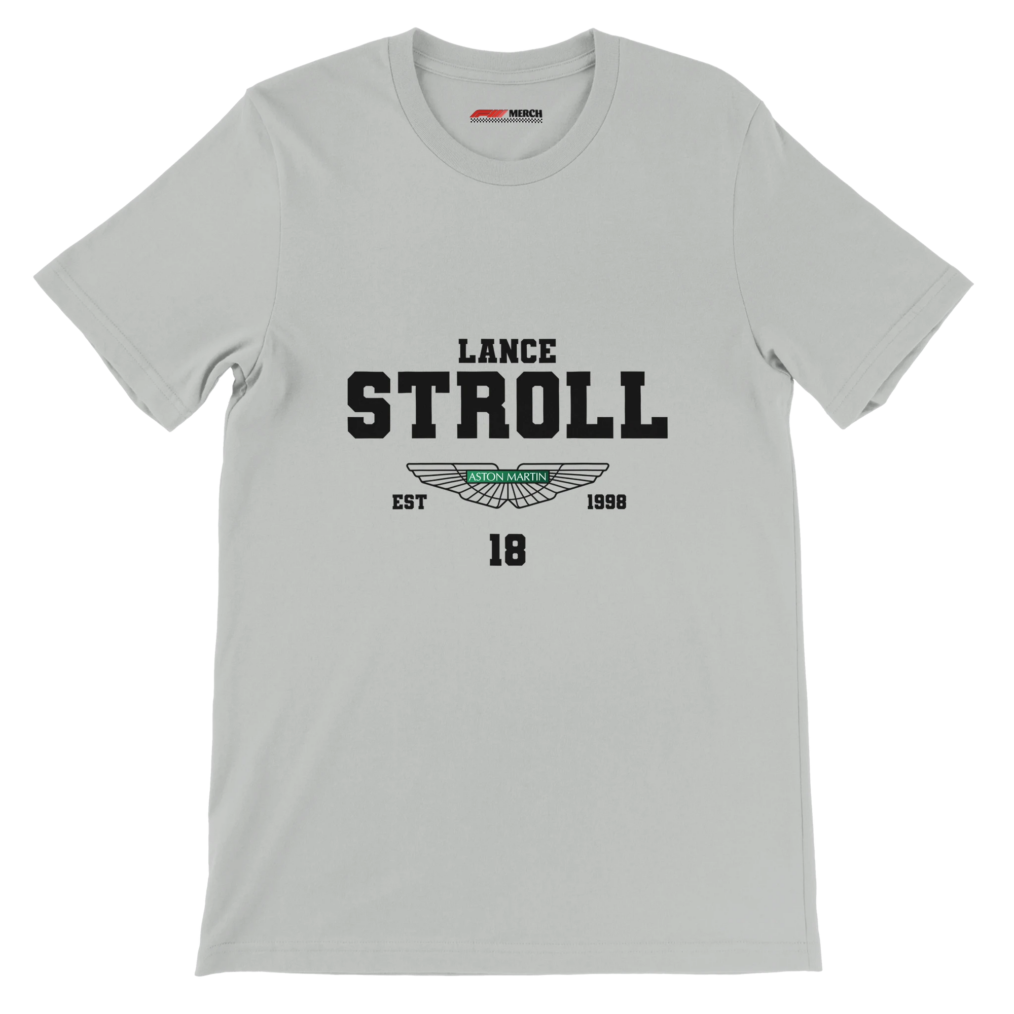 f111 merch silver color t-shirt with lance-stroll branding.