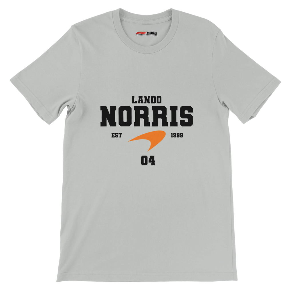 f111 merch silver color t-shirt with lando-norris branding.