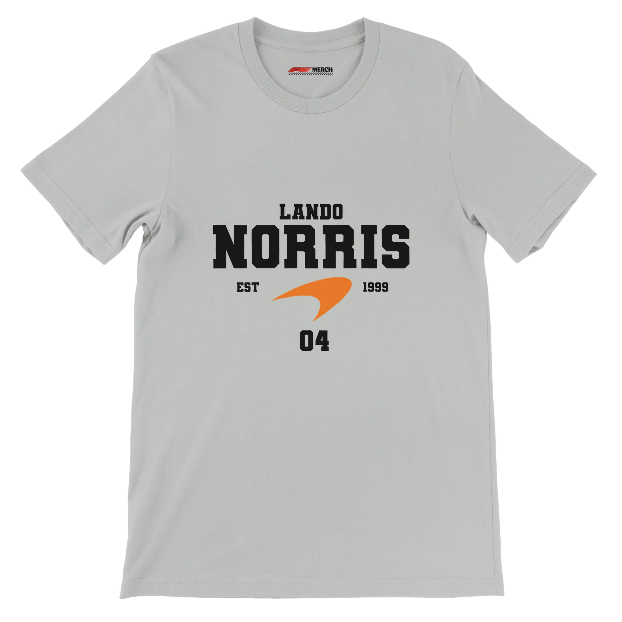 f111 merch silver color t-shirt with lando-norris branding.
