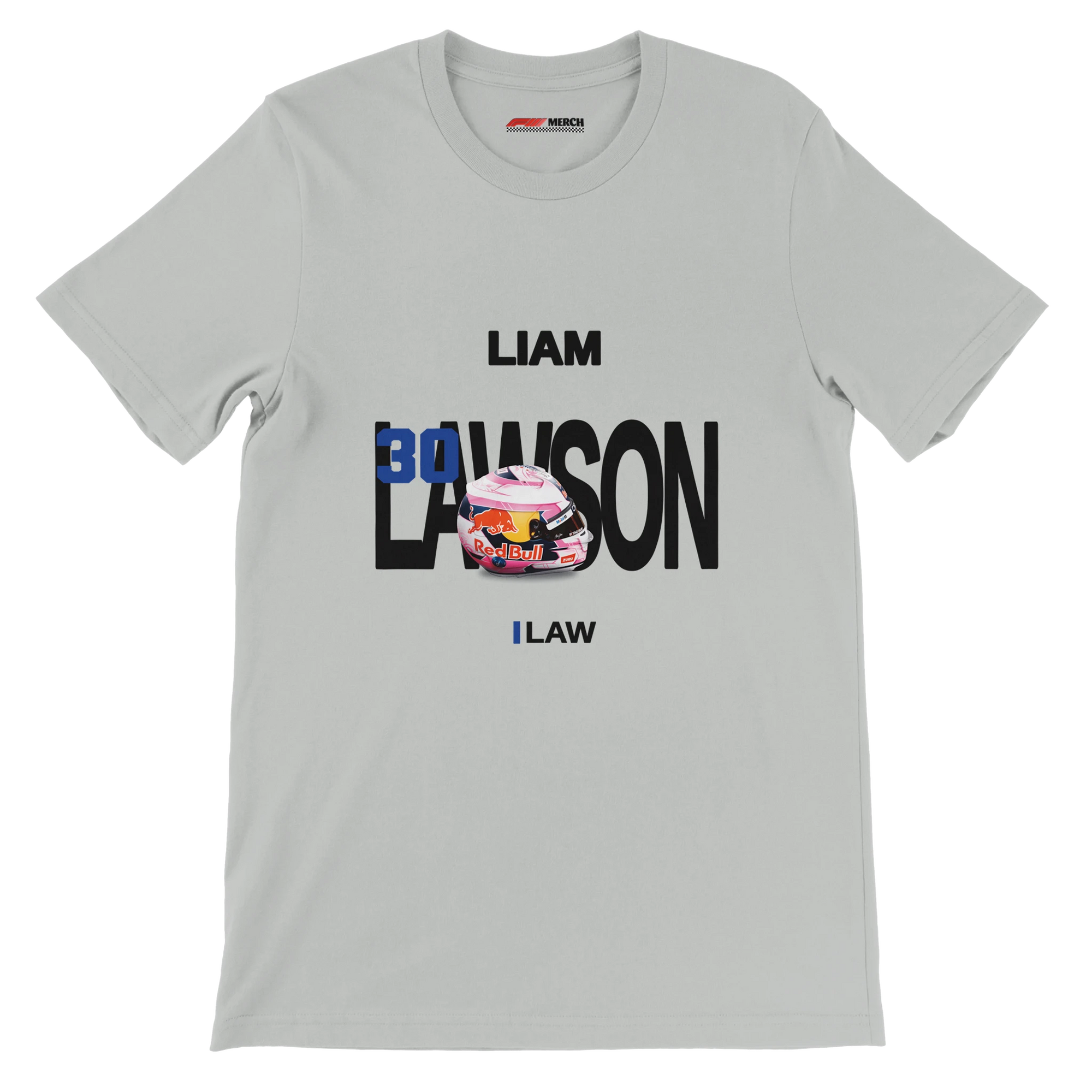 f111 merch silver color t-shirt with lawson branding.
