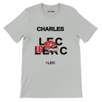 f111 merch silver color t-shirt with leclerc branding.