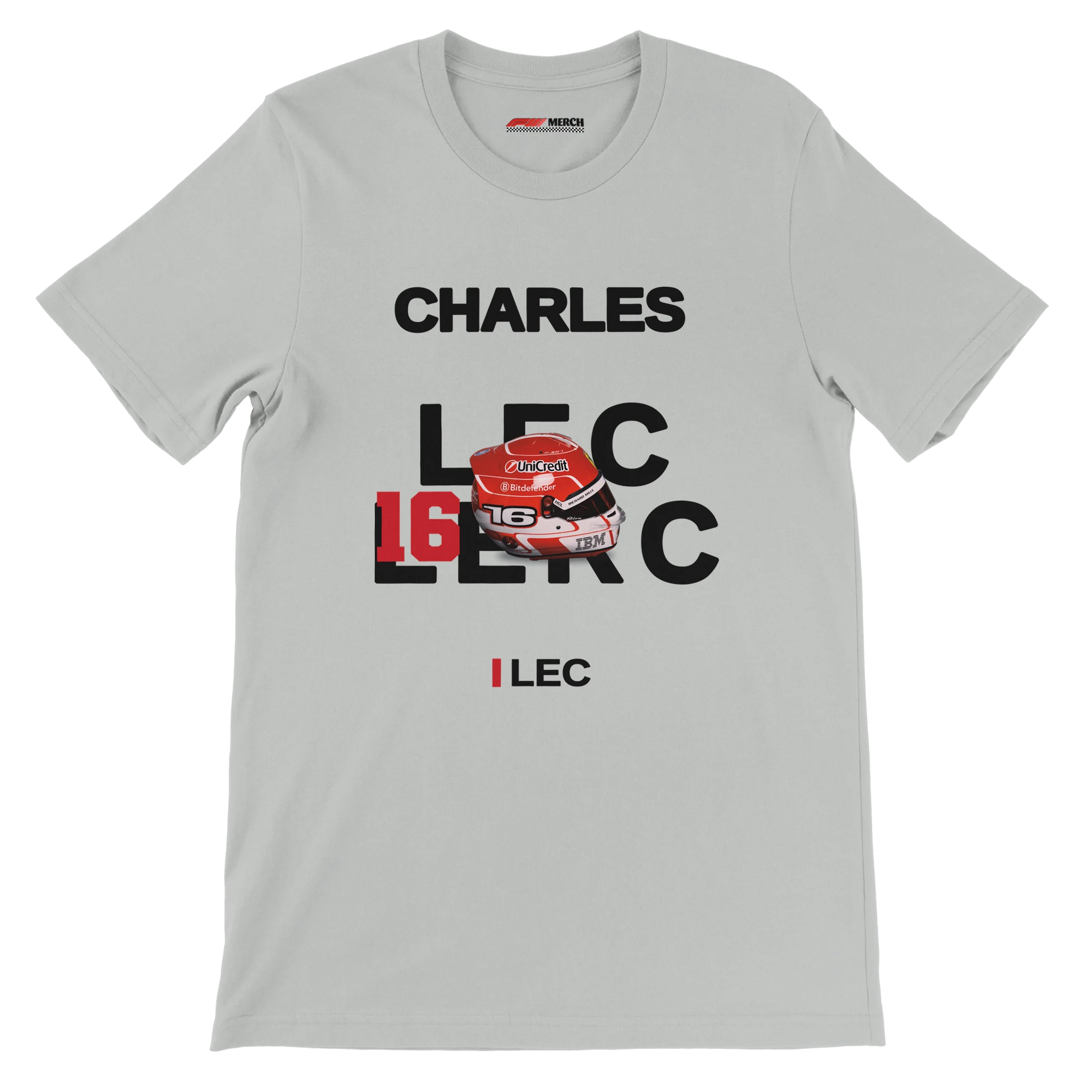 f111 merch silver color t-shirt with leclerc branding.