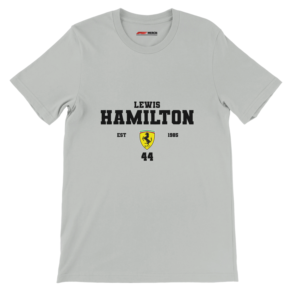 f111 merch silver color t-shirt with lewis-hamilton branding.
