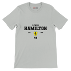 f111 merch silver color t-shirt with lewis-hamilton branding.