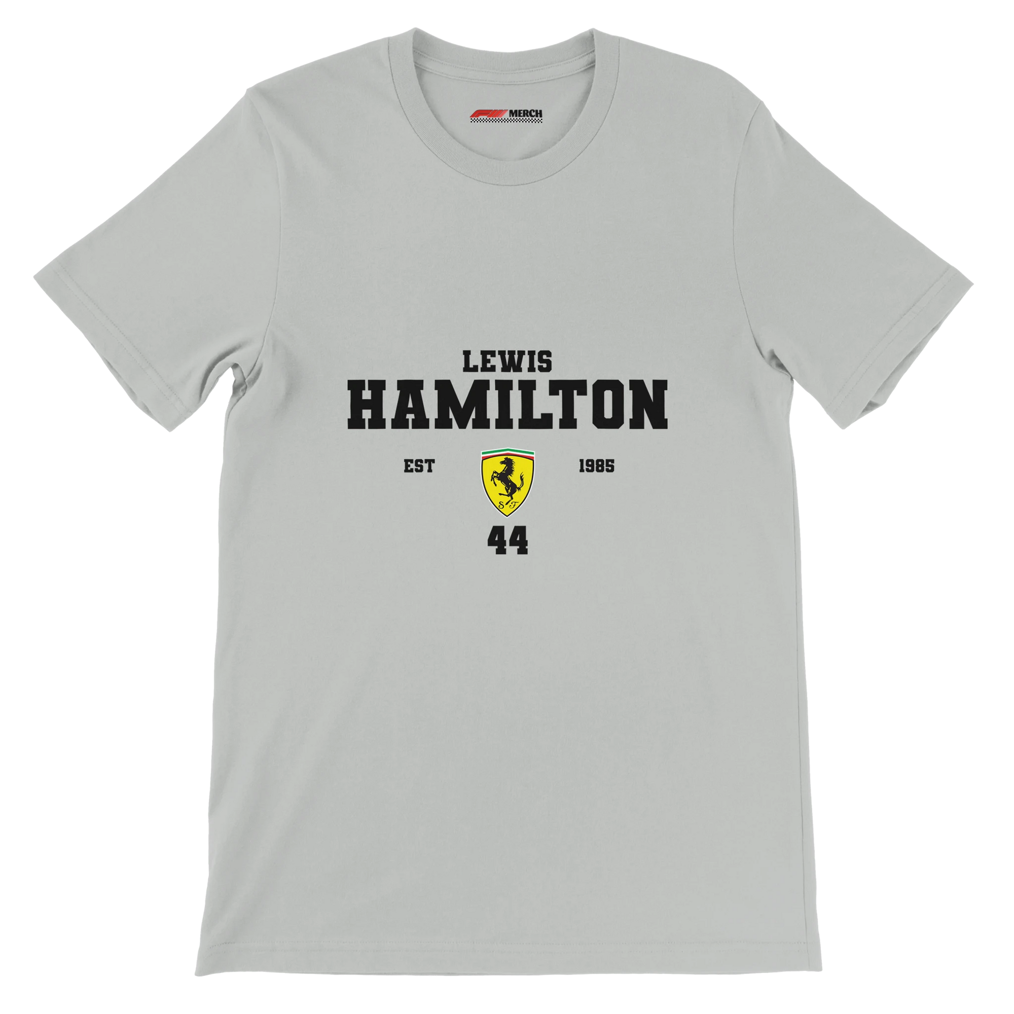 f111 merch silver color t-shirt with lewis-hamilton branding.