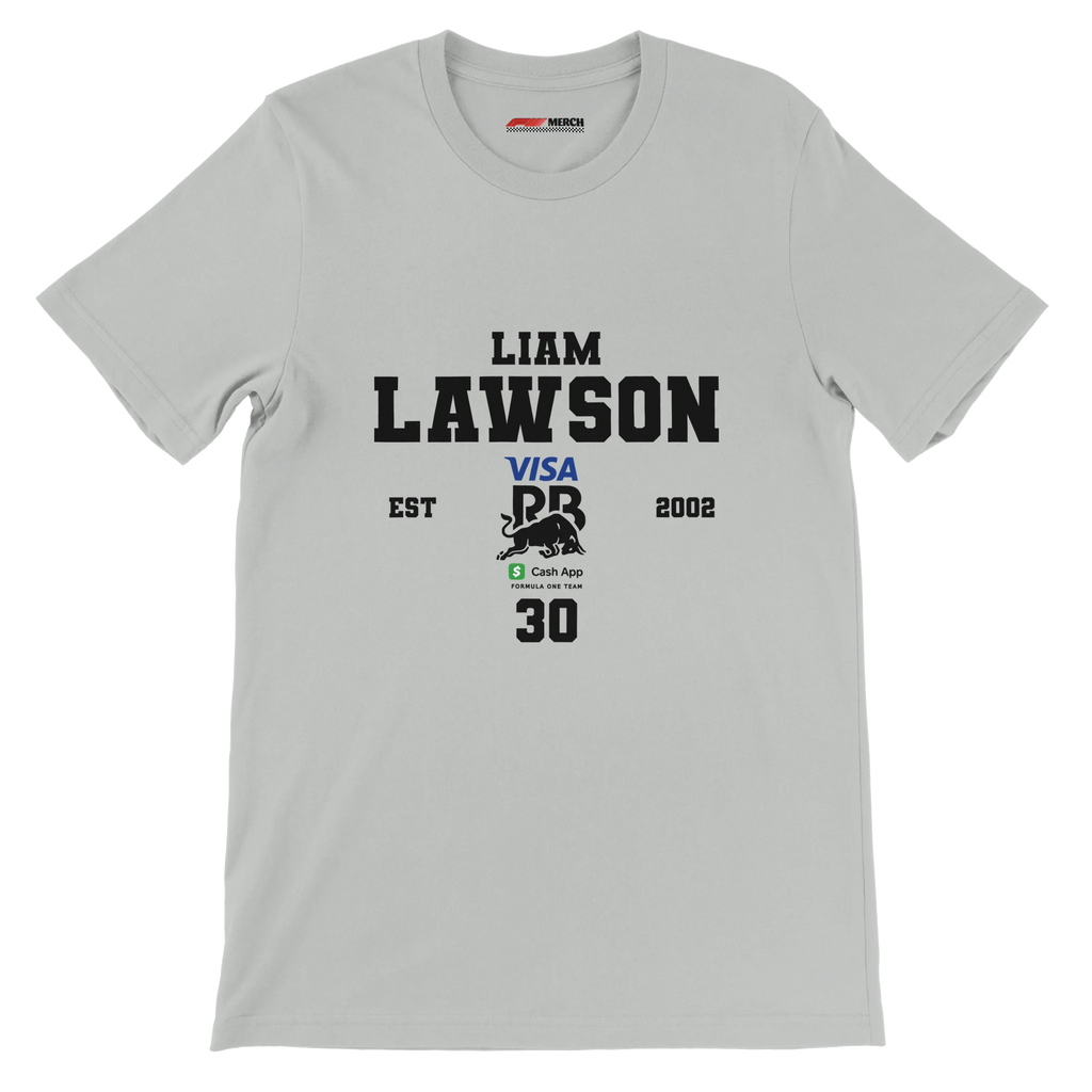 f111 merch silver color t-shirt with liam-lawson branding.