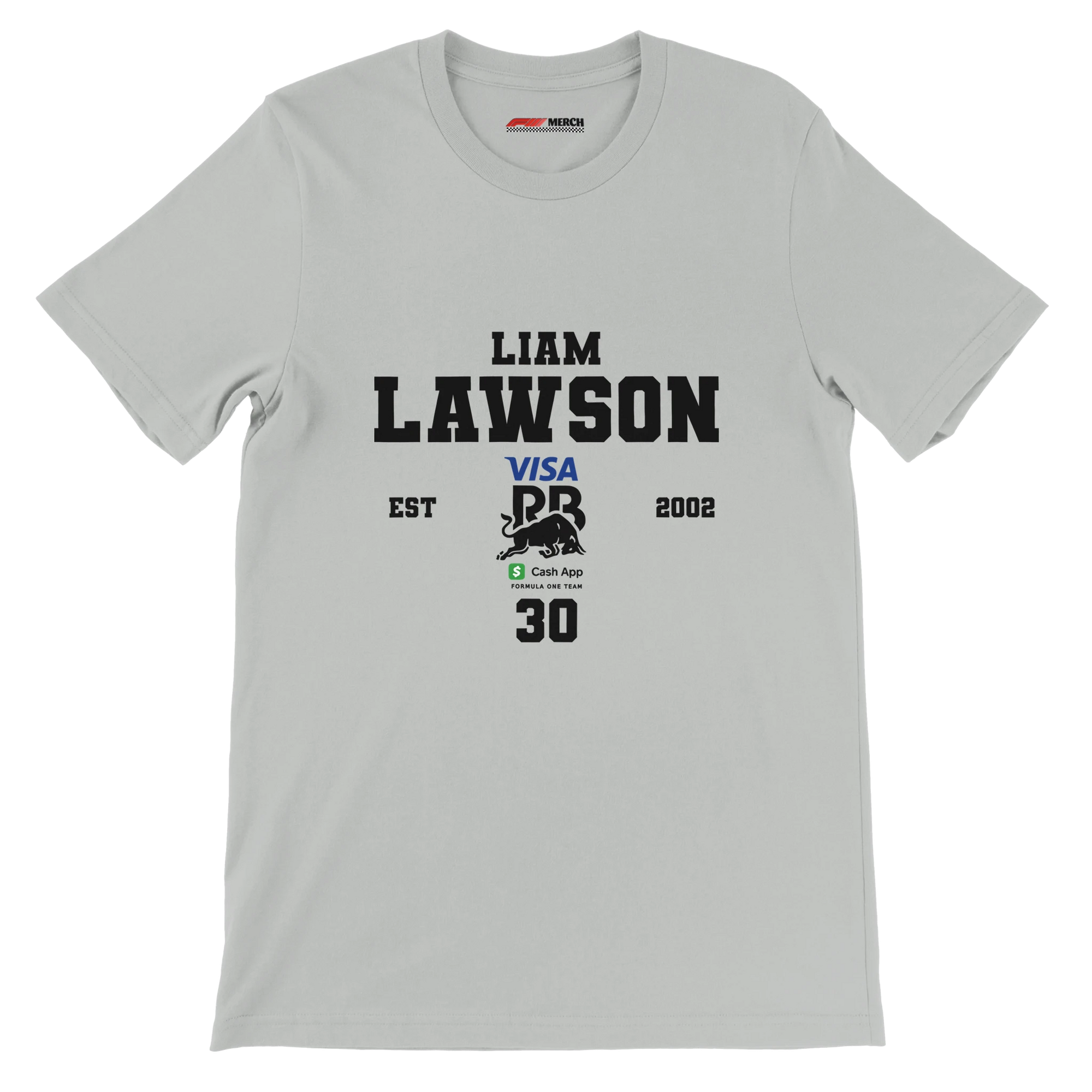 f111 merch silver color t-shirt with liam-lawson branding.