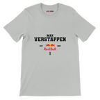 f111 merch silver color t-shirt with max-verstappen branding.