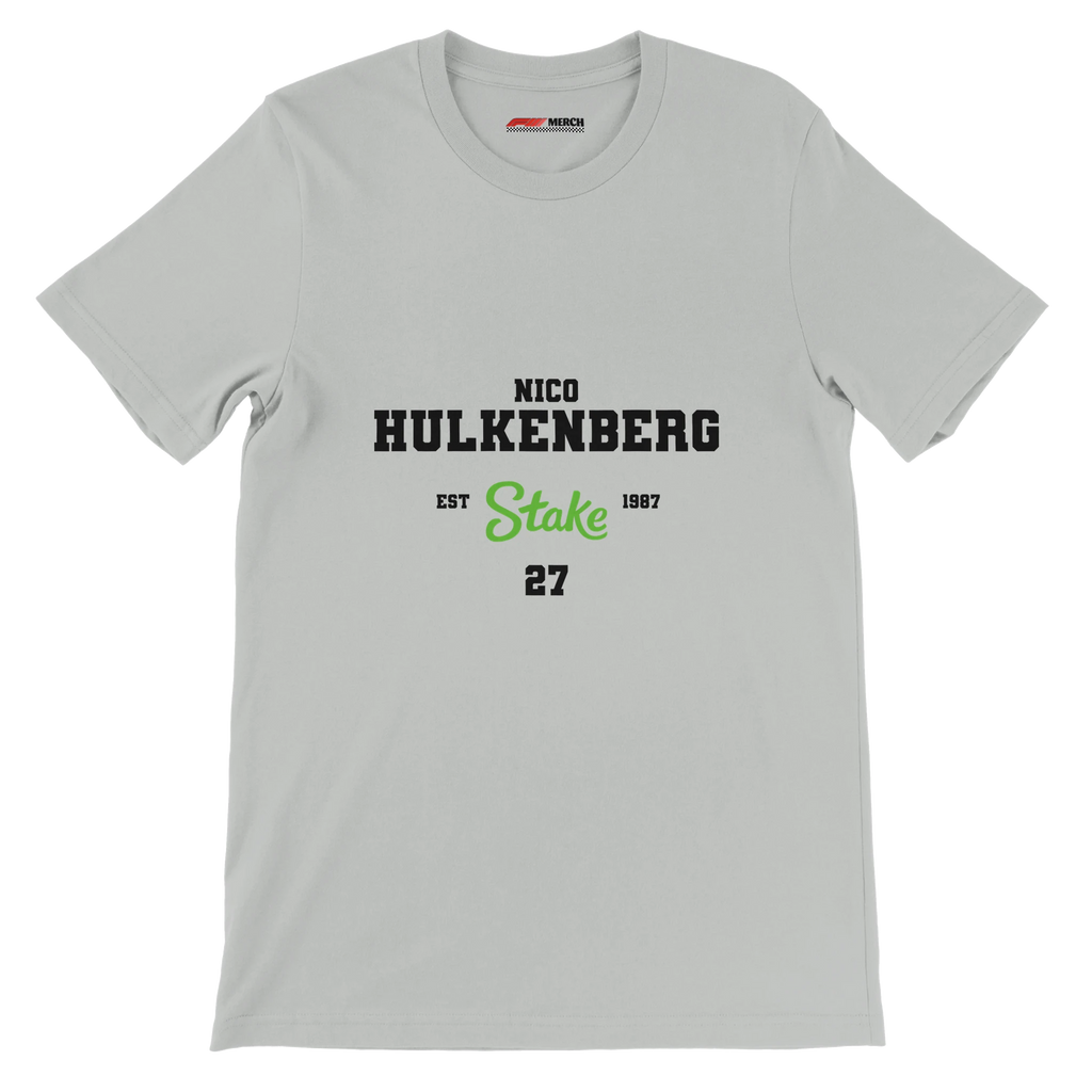 f111 merch silver color t-shirt with nico-hulkenberg branding.