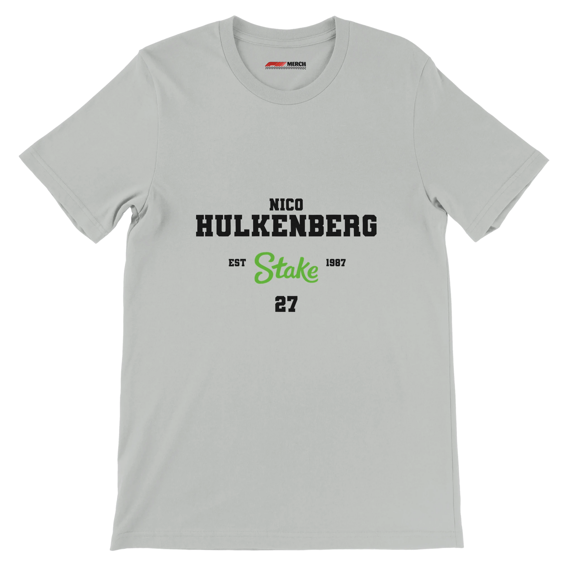 f111 merch silver color t-shirt with nico-hulkenberg branding.