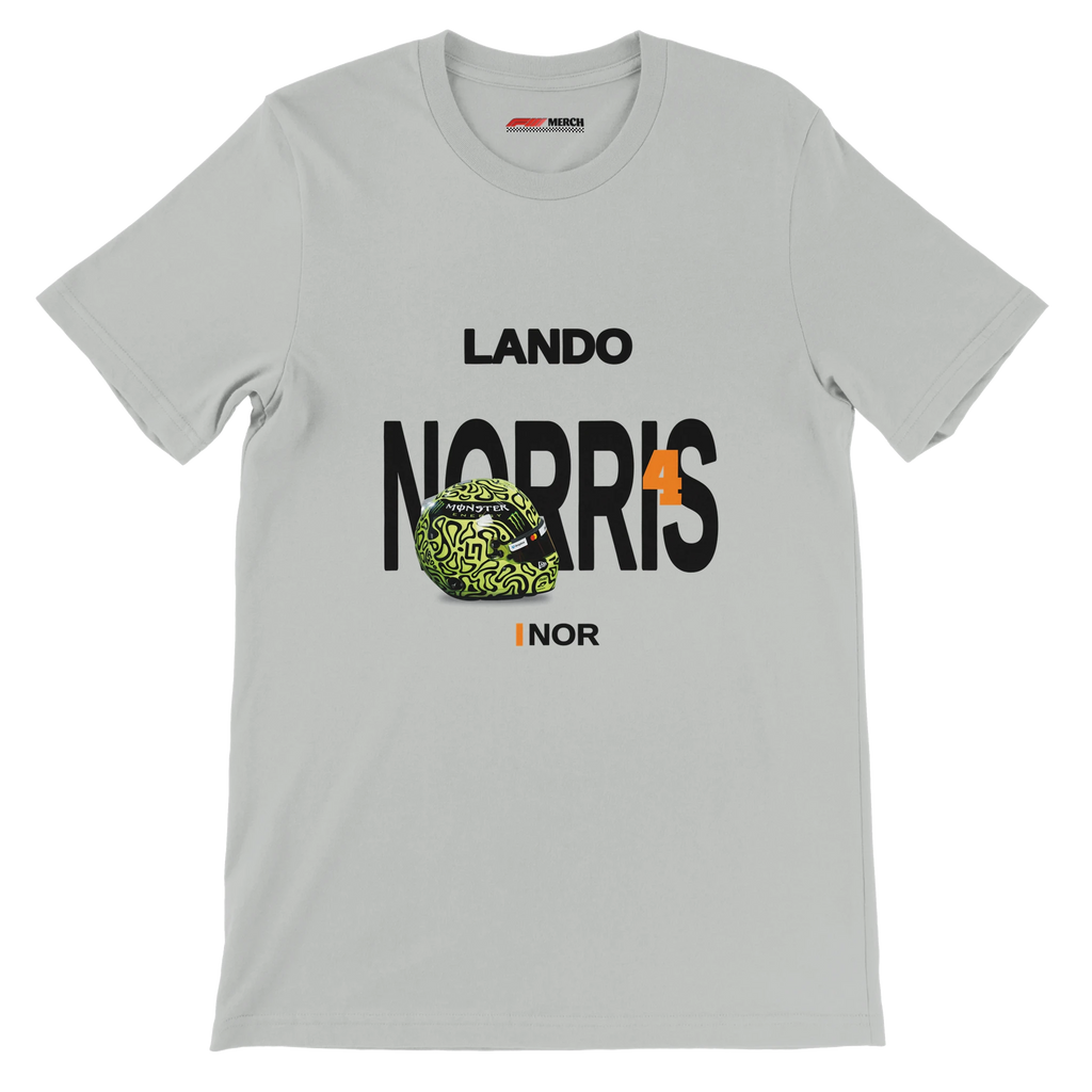f111 merch silver color t-shirt with norris branding.