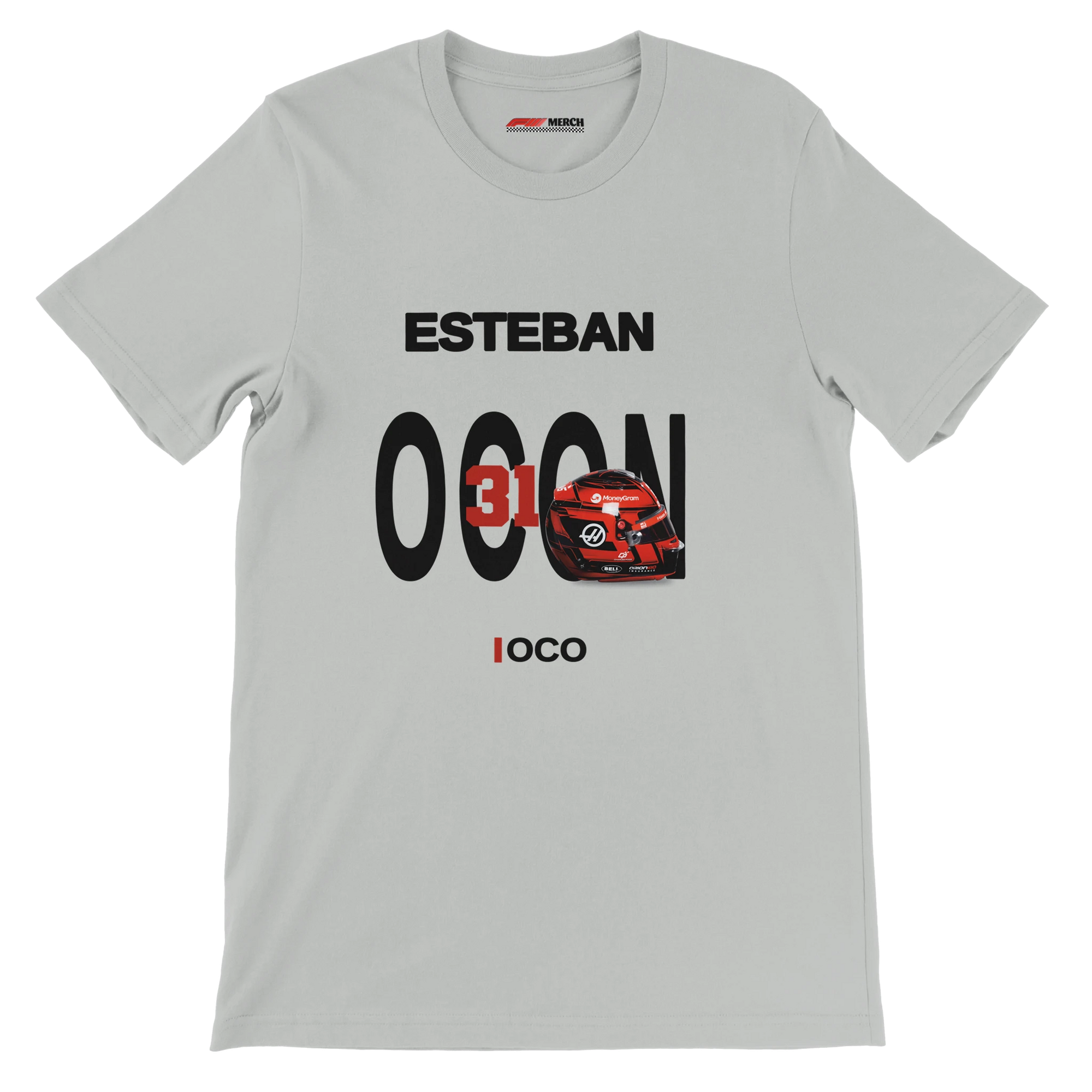 f111 merch silver color t-shirt with ocon branding.