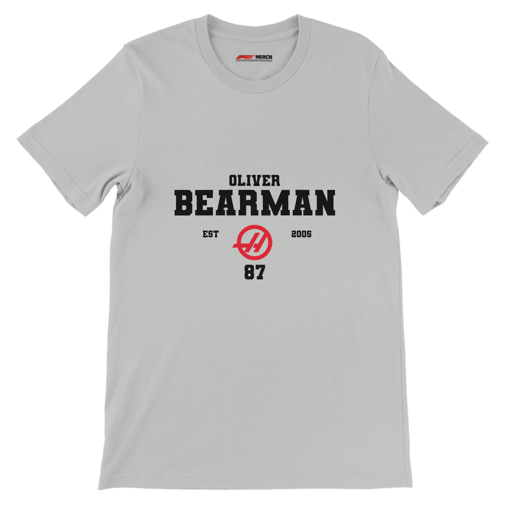 f111 merch silver color t-shirt with oliver-bearman branding.