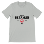 f111 merch silver color t-shirt with oliver-bearman branding.