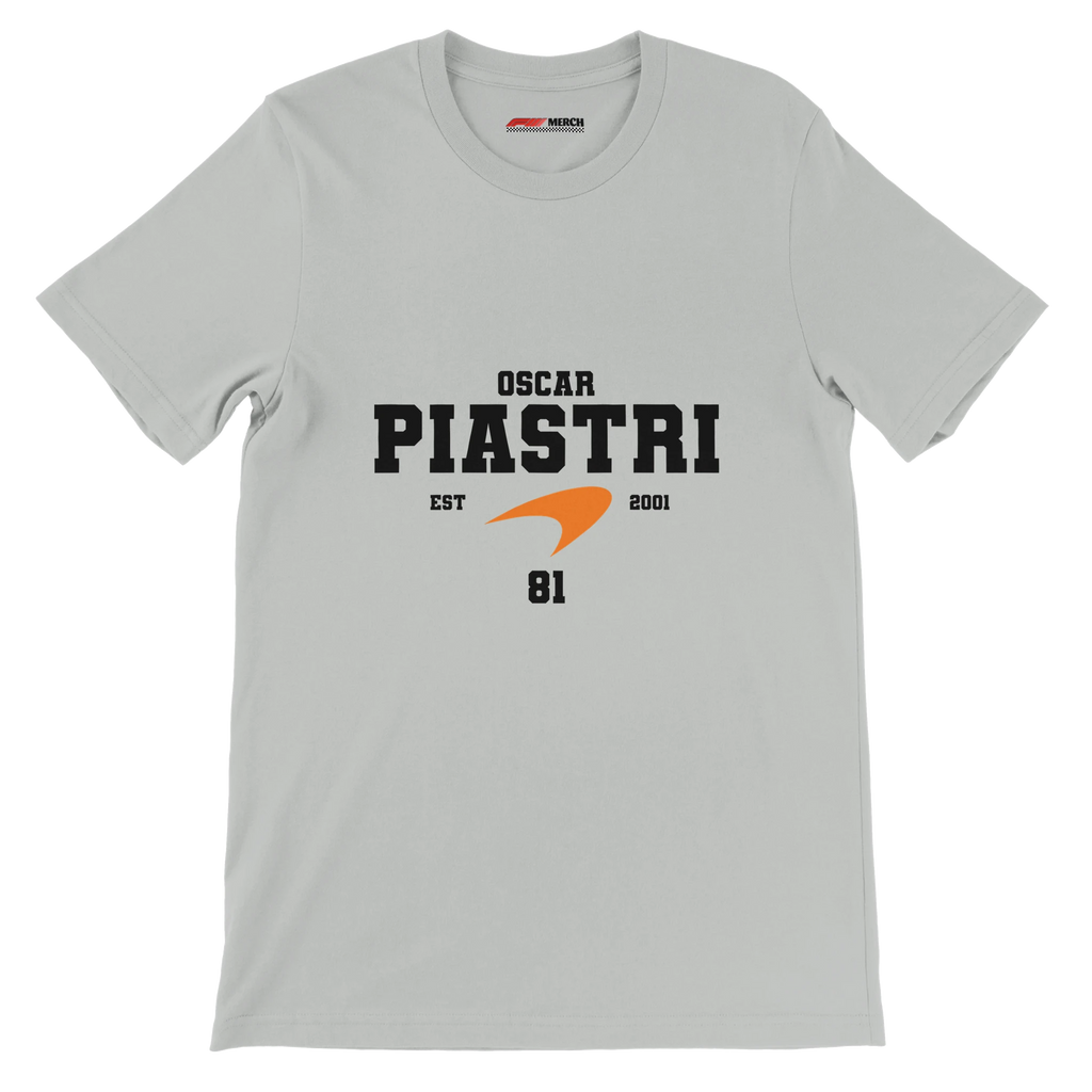 f111 merch silver color t-shirt with oscar-piastri branding.