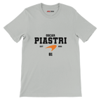 f111 merch silver color t-shirt with oscar-piastri branding.