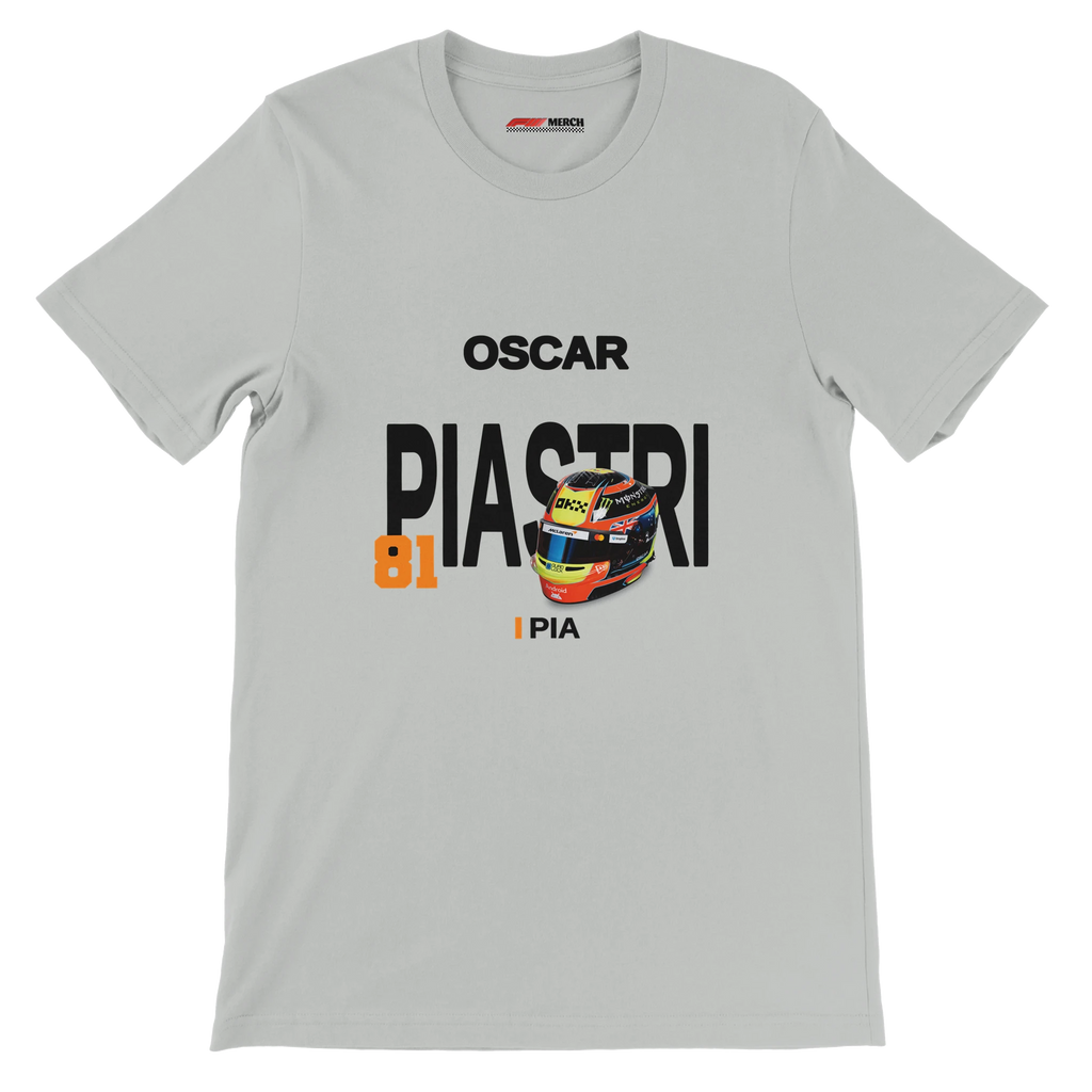 f111 merch silver color t-shirt with piastri branding.