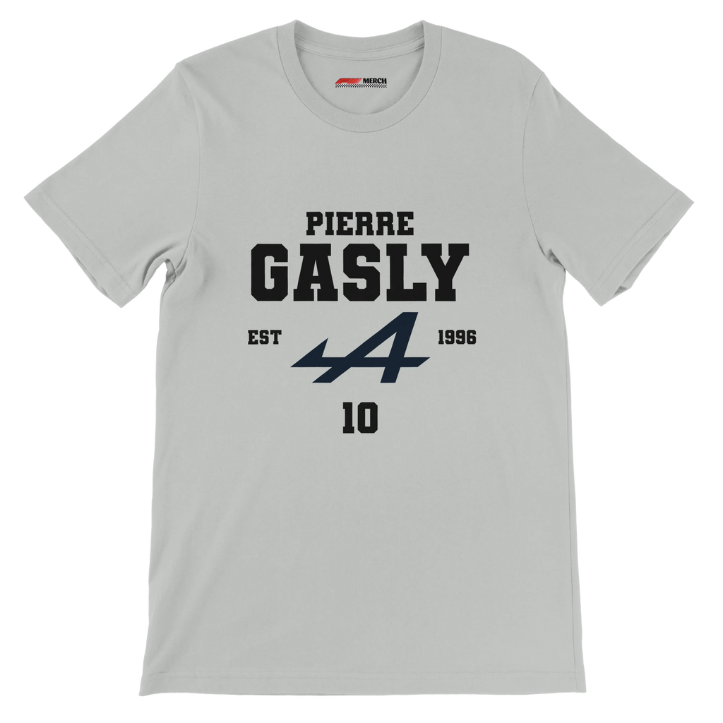 f111 merch silver color t-shirt with pierre-gasly branding.