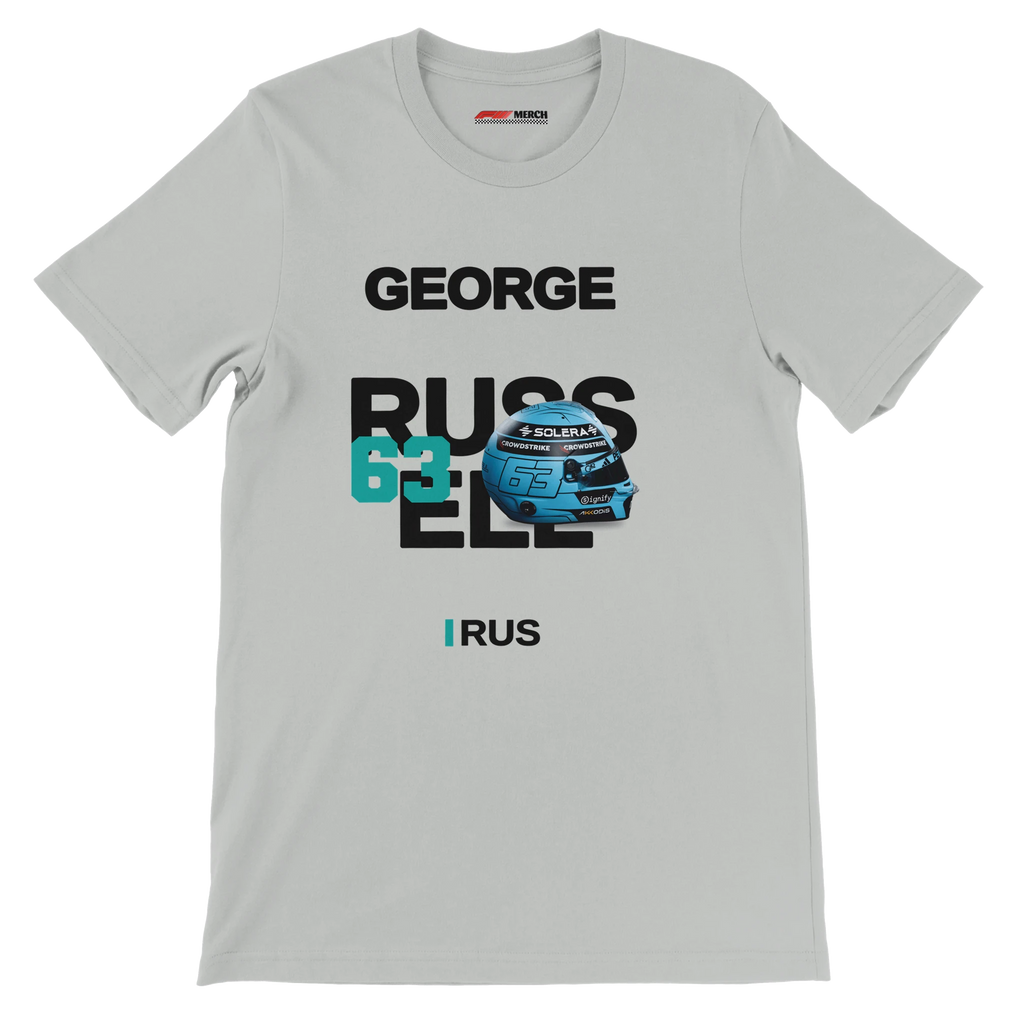 f111 merch silver color t-shirt with russell branding.