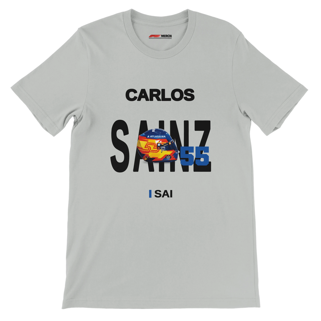 f111 merch silver color t-shirt with sainz branding.
