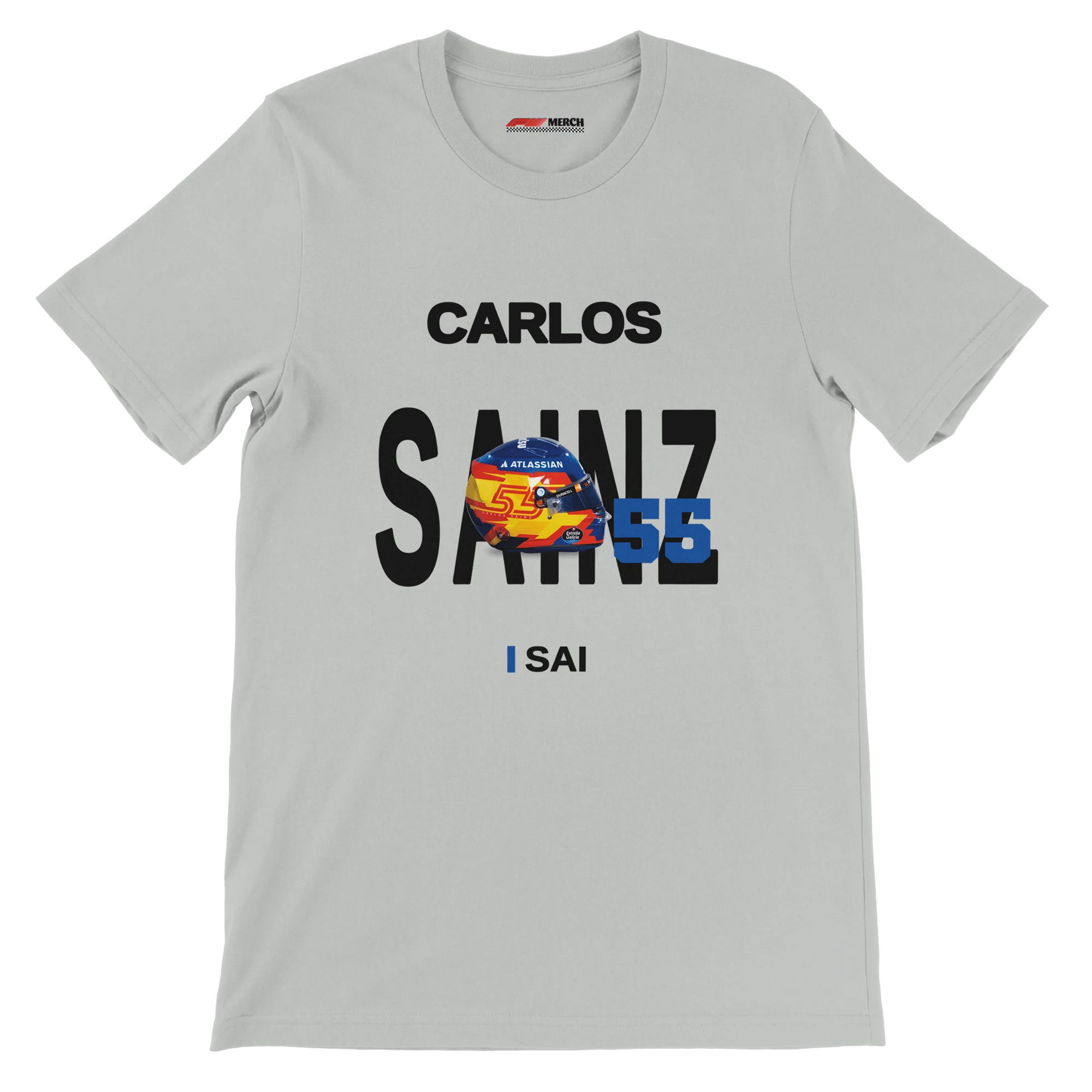 f111 merch silver color t-shirt with sainz branding.
