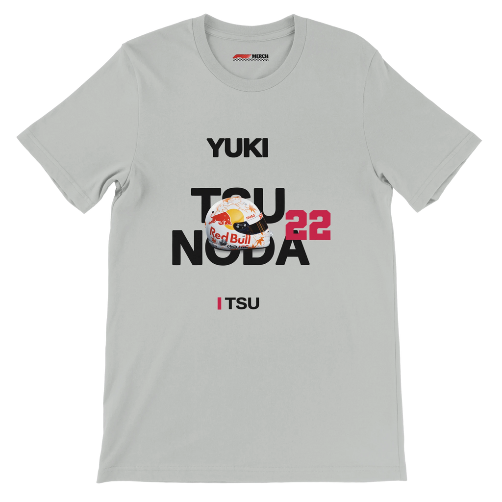 f111 merch silver color t-shirt with tsunoda branding.