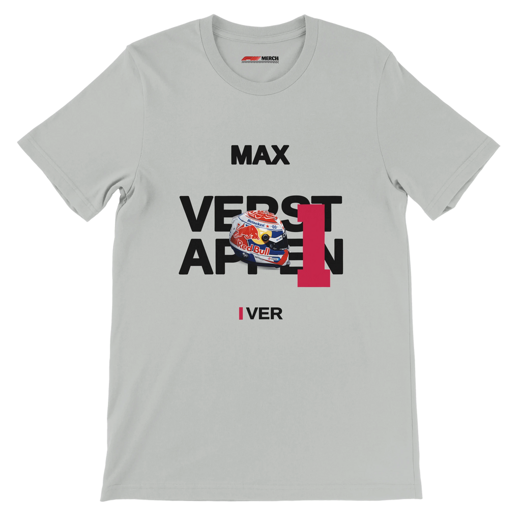 f111 merch silver color t-shirt with verstappen branding.