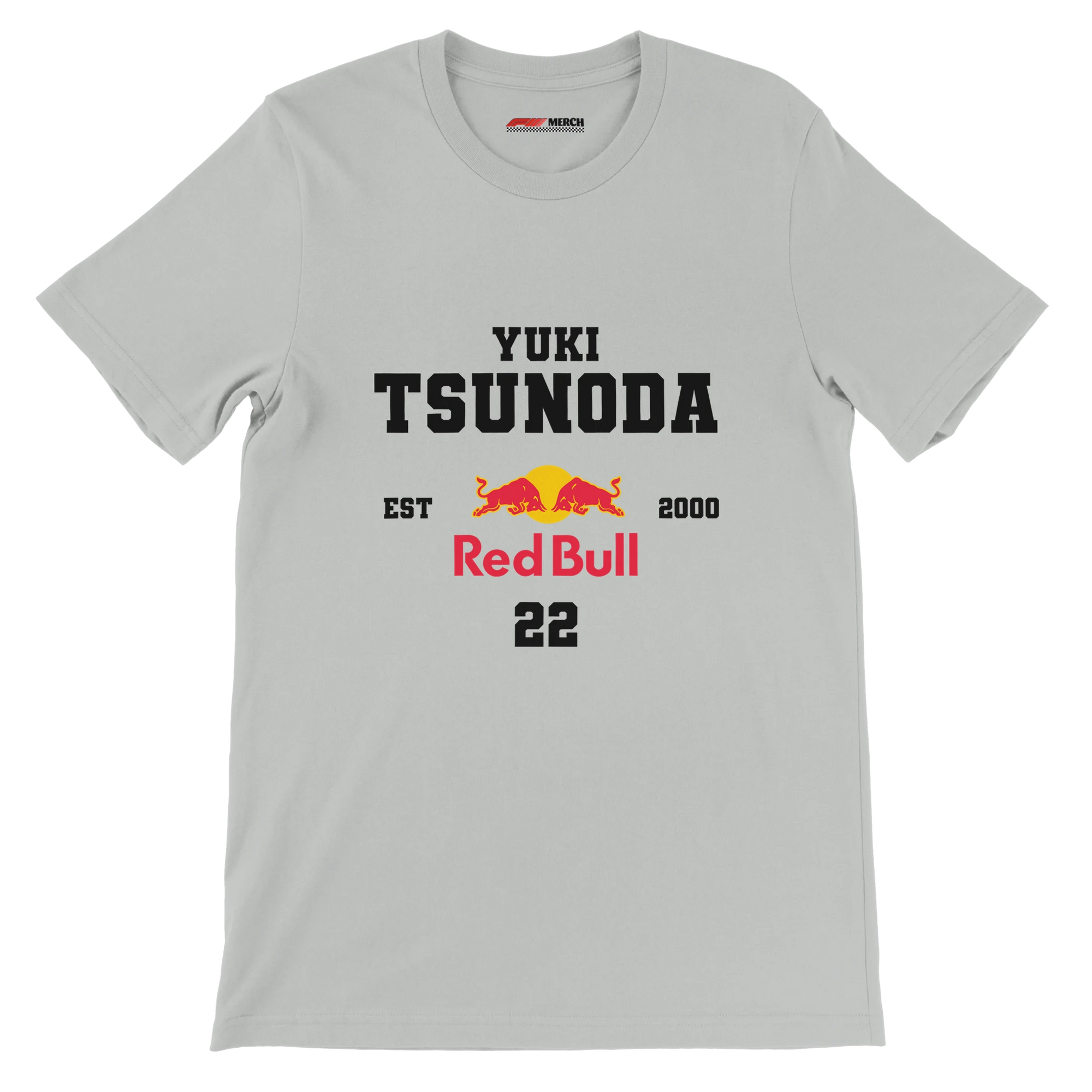 f111 merch silver color t-shirt with yuki-tsunoda branding.